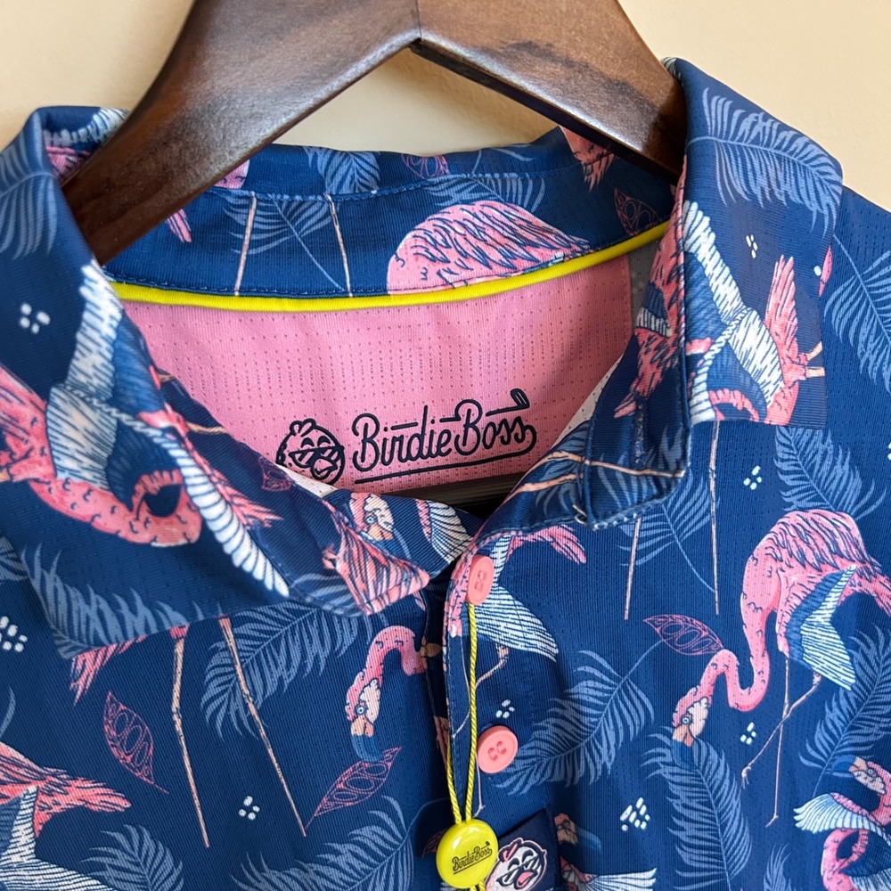 Birdie Boss Mens XXL Flamingo Tropical Golf Polo Navy Blue Pink NWT BB-POLO-FLAM - Picture 2 of 11